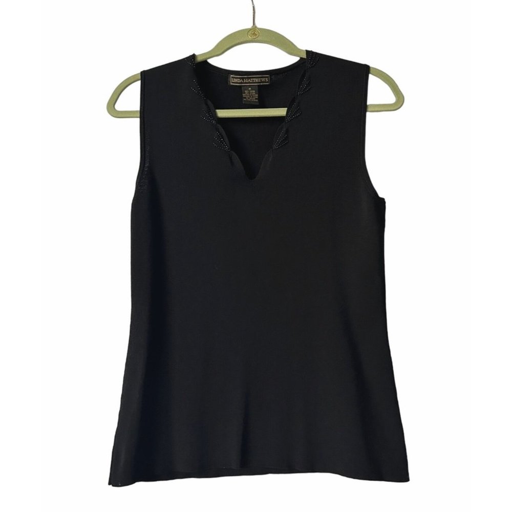 Linda Matthews Women's Black Beaded Trim Sleeveless Top Size Medium